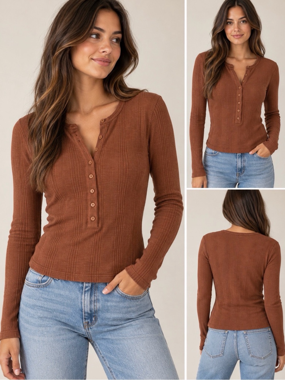 NWOT American Eagle Outfitters Ribbed Henley Long Sleeve Top - Brown